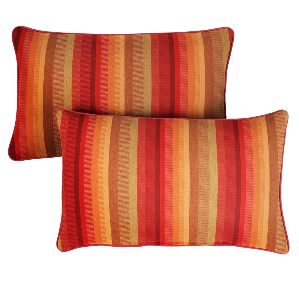 Mozaic Company AMPS113776 Indoor Outdoor Sunbrella Lumbar Pillows Red/Brown Stripes & Crimson Red Set of 2 12 x 18 